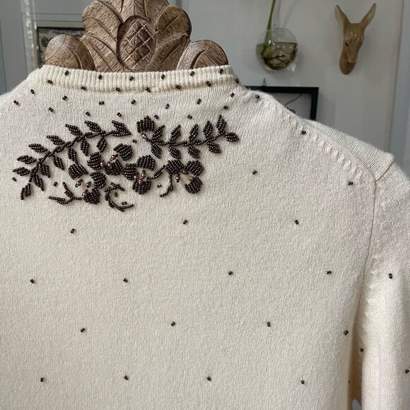 New NOS NWT Vintage 50s Beaded Pearl Button Cardigan Ivory Brown Wool S 40 - Picture 8 of 10